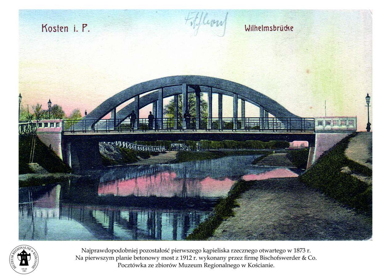Kościan, początek XX wieku. Betonowy most z 1910 roku. Z obu stron mostu znajdują się zejścia bezpoś