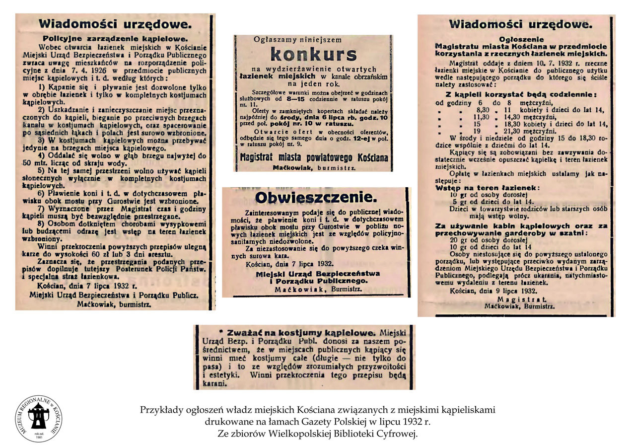 Wycinki prasowe z wydawanej w przedwojennym Kościanie Gazety Polskiej dotyczące otwarcia Łazienek Mi