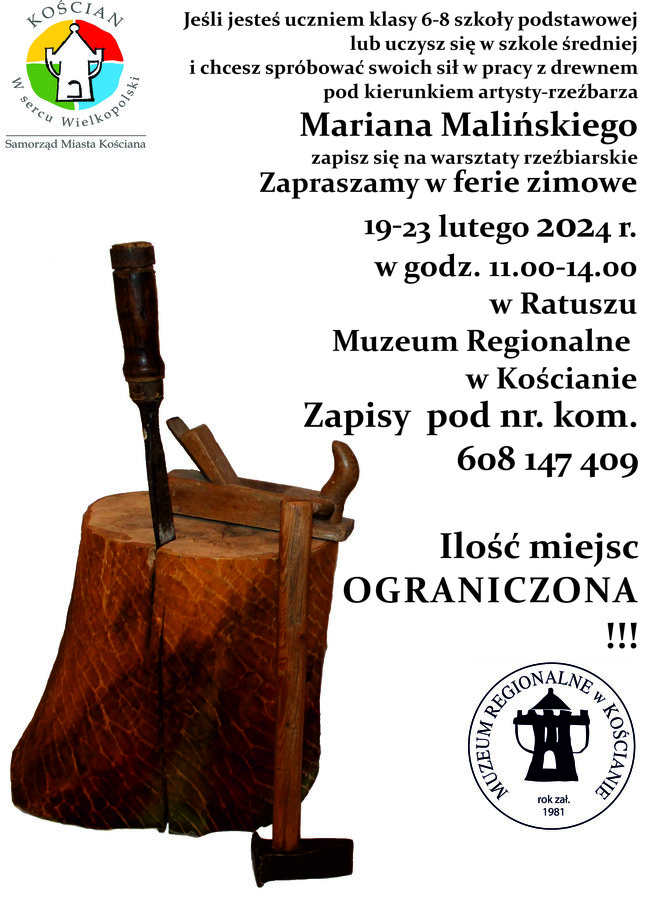 Plakat promujacy zimową edycję warsztatów rzeźbiarskich w Muzeum