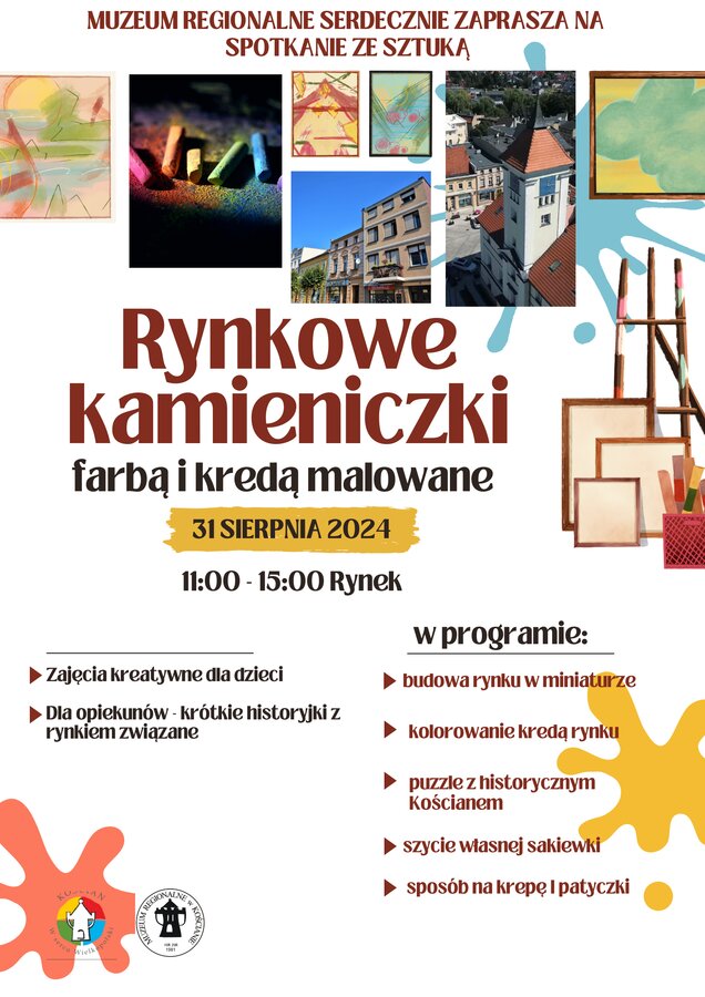 Plakat promujący piknik rodzinny. Liczne zdjęcia budynków na rynku oraz wymienione atrakcje w ramach