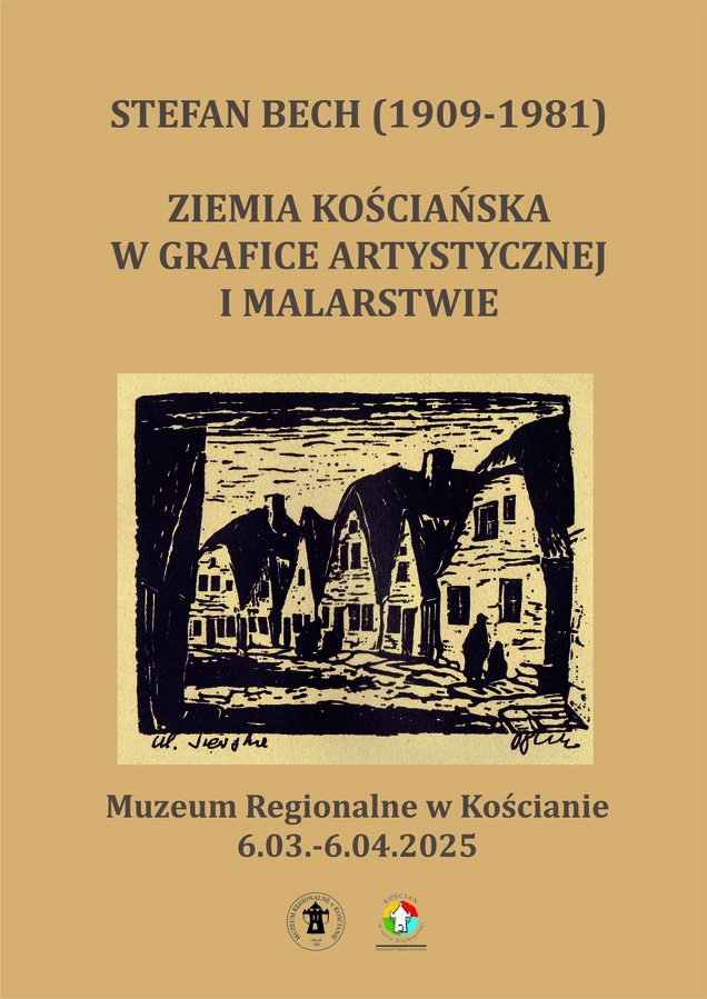 Odbita na matrycy grafika domów na plakacie promującym wystawę Stefana Becha