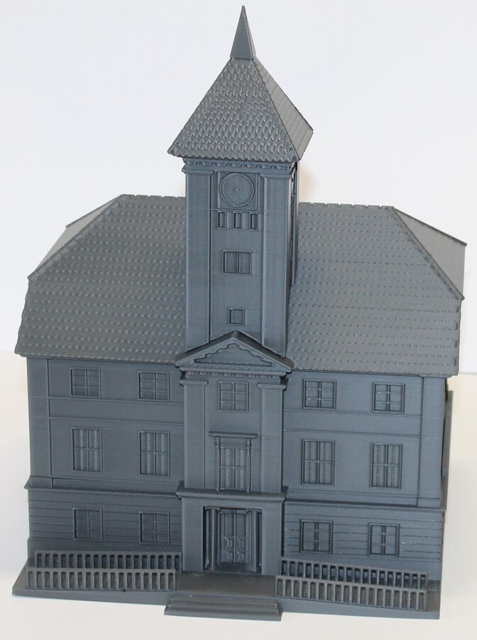 Frontowa elewacja modelu ratusza w formie wydruku 3D
